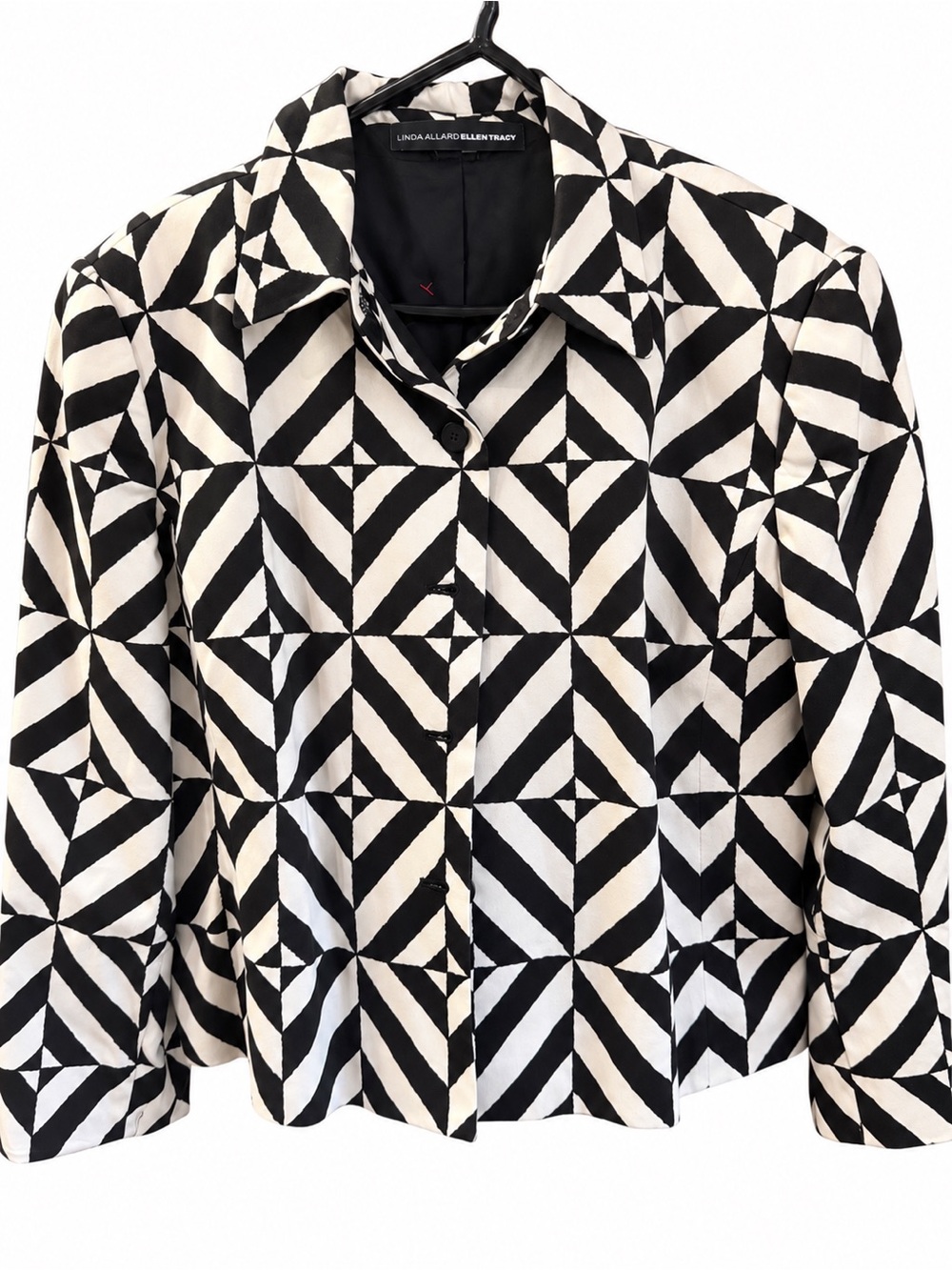 LINDA ALLARD ELLEN TRACY Black & Cream Geometric Jean Jacket